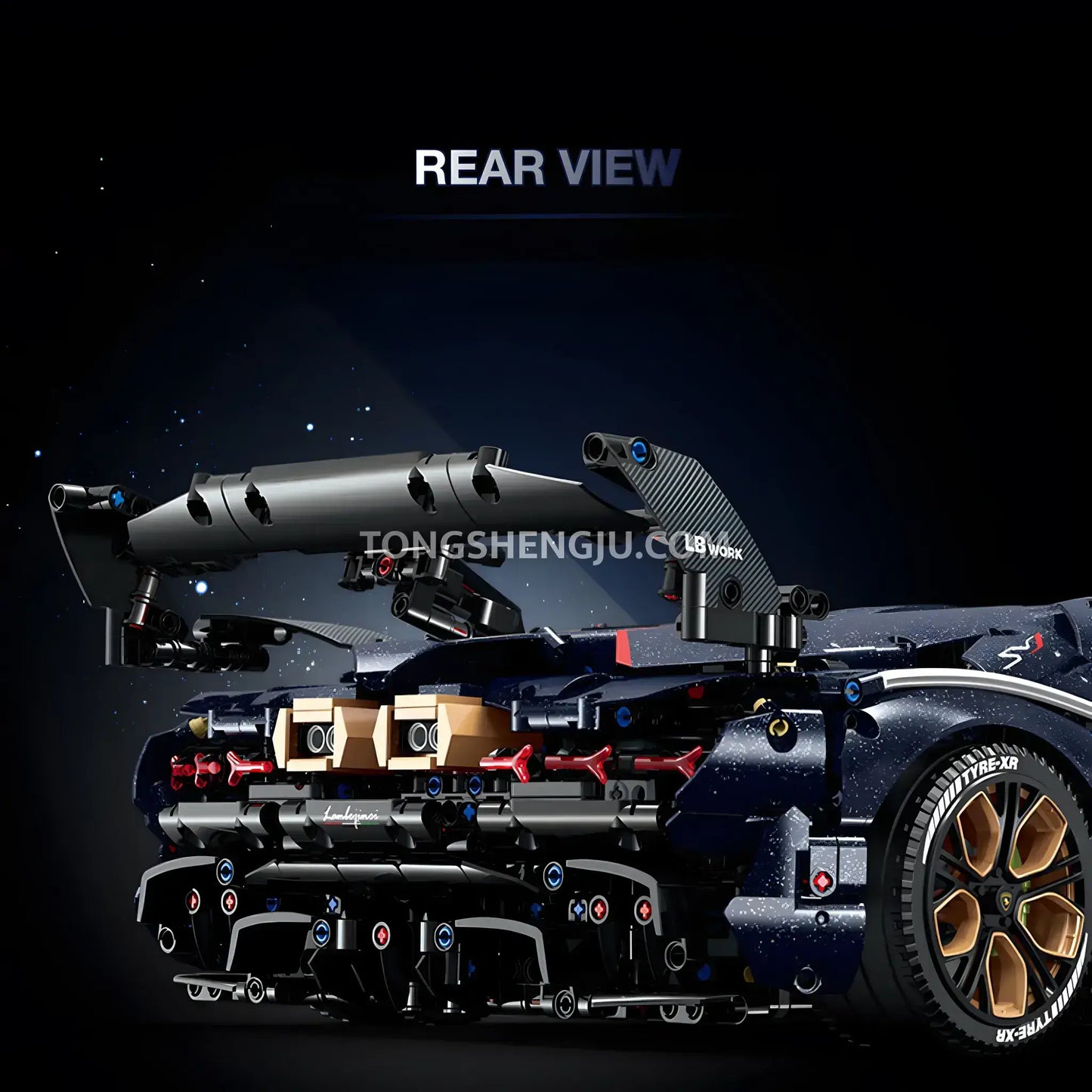 rear view of guly 10624 lamborghini aventador svj technic car building blocks set model car
