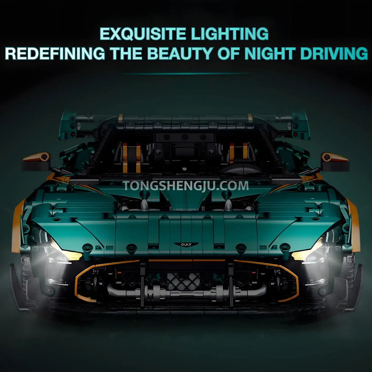 front view of guly 10647 technic aston martin vulcan sports car building blocks set model car
