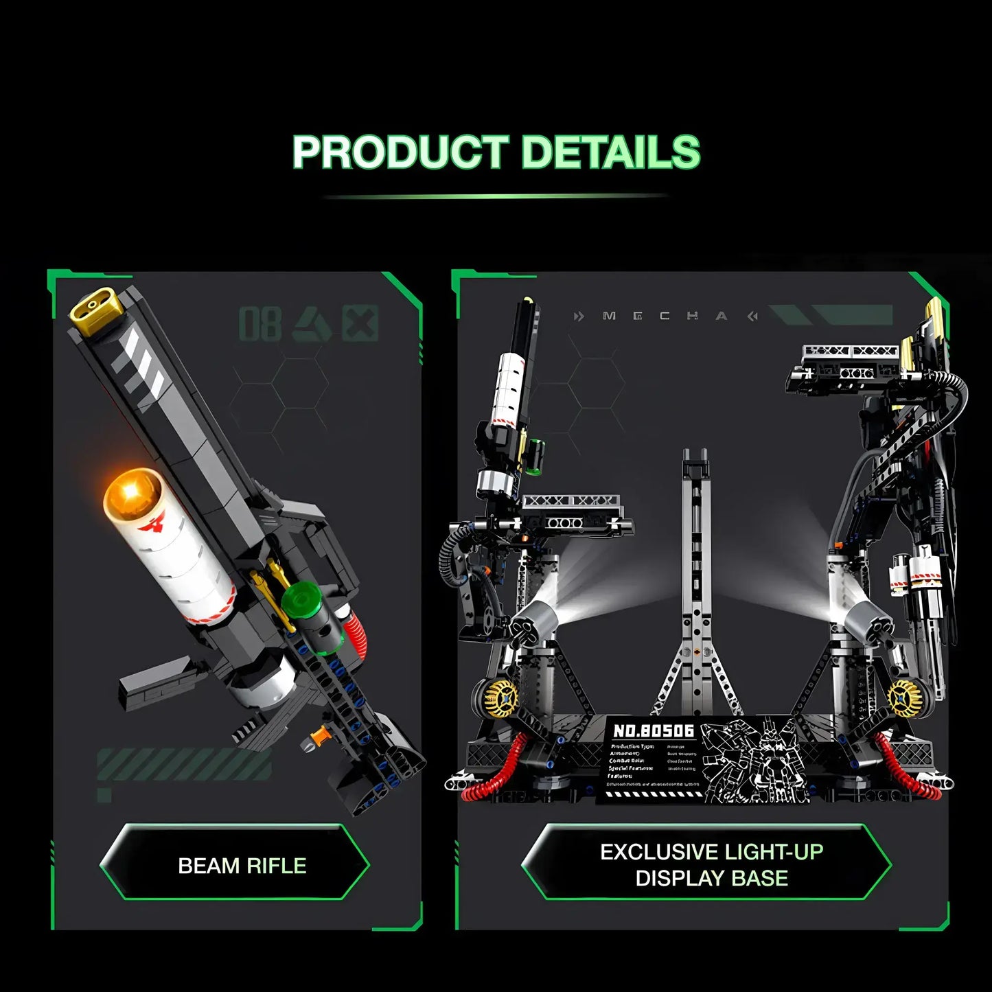guly 80506 hn-03 dark sazabi model mecha building blocks toy beam rifle and exclusive light-up display base