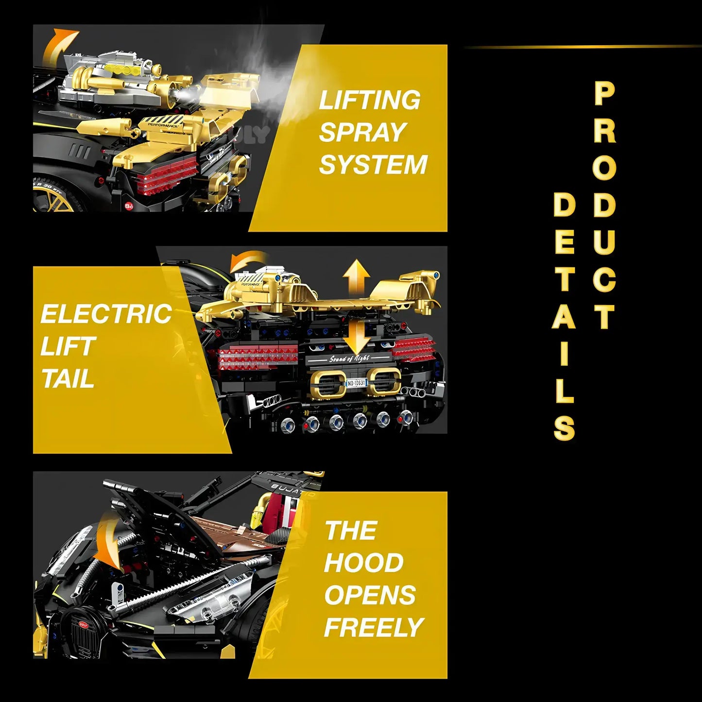 product details of guly heiyezhis bujiadi building blocks model toy car lifting spray system and electric lift tail and the hood opens freely