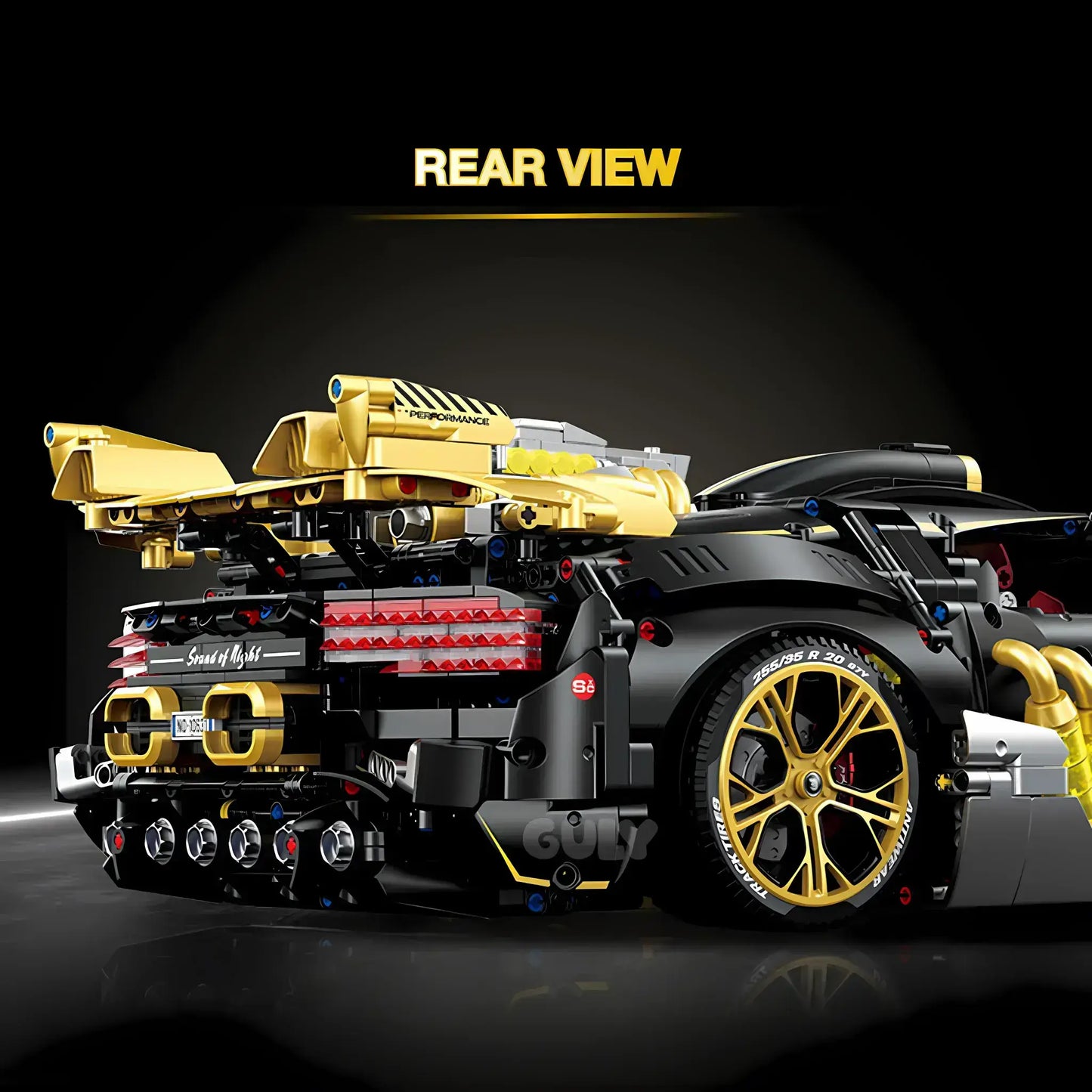rear view of guly heiyezhis bujiadi building blocks model toy car