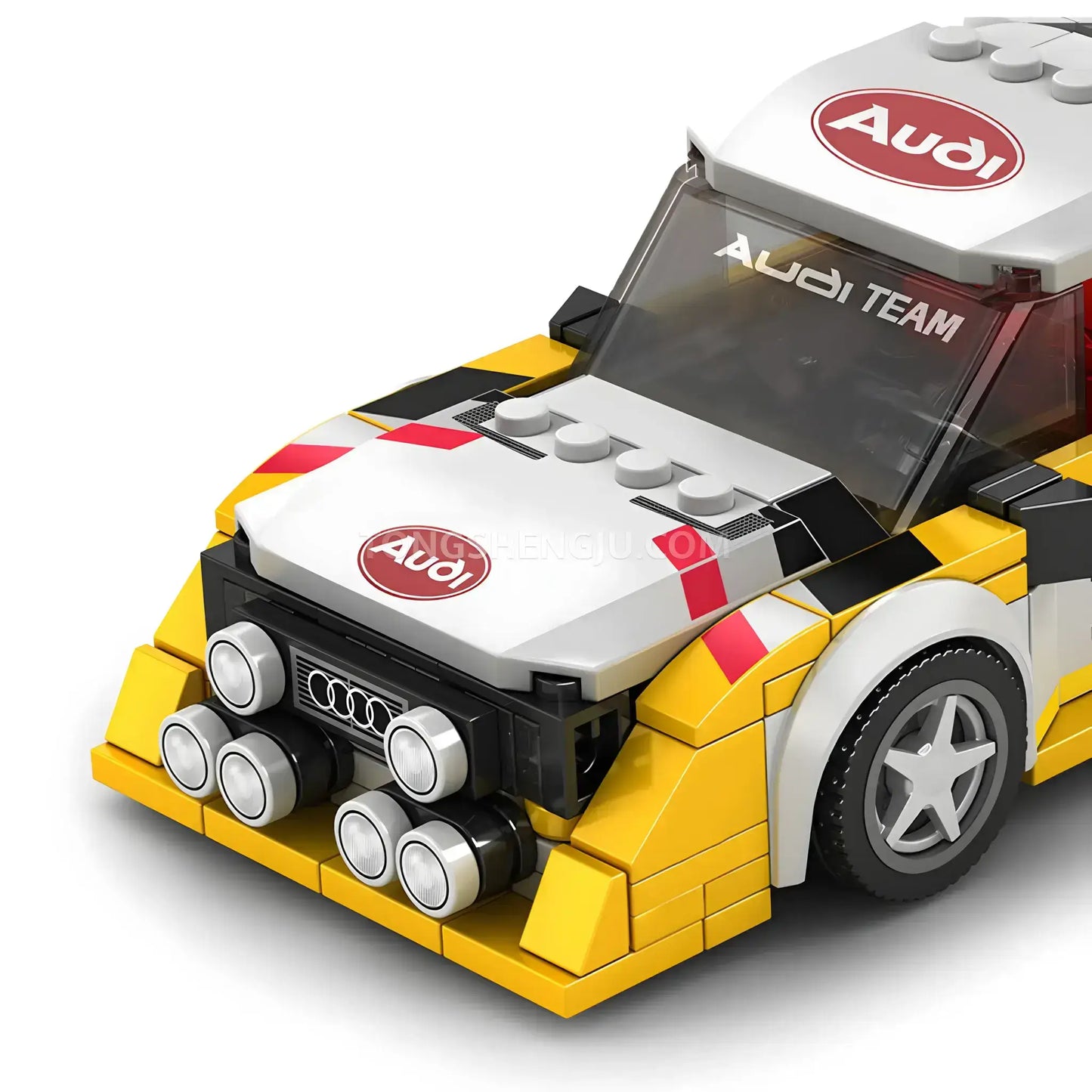 s1 front left head on view of powerblock pb8812 wrc rally hb audi team sports car building blocks set model car