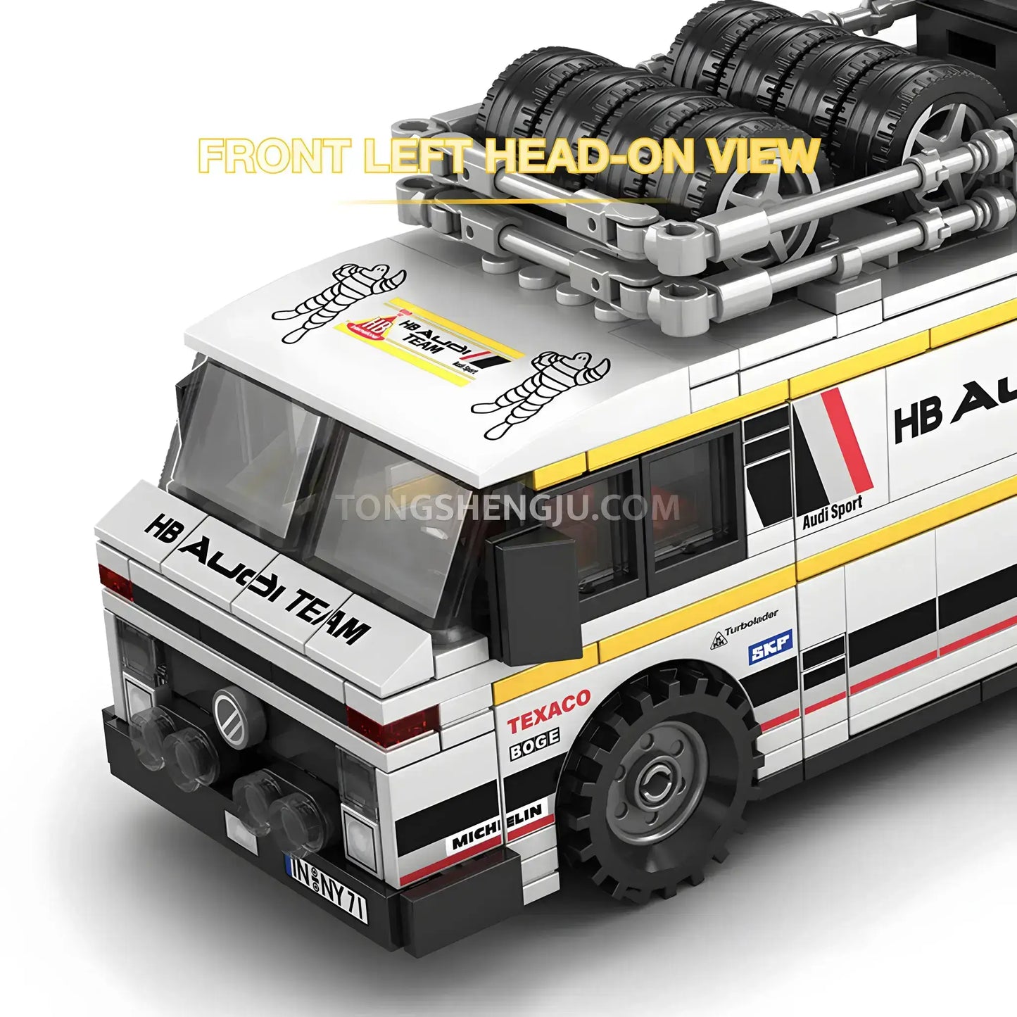 trailer front left head on view of powerblock pb8812 wrc rally hb audi team sports car building blocks set model car