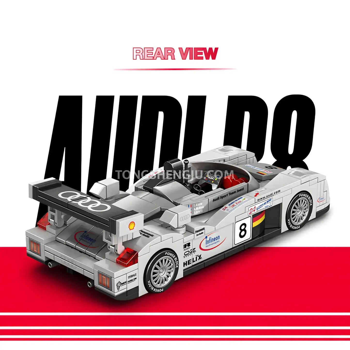 rear view of happy build power block pb8813 audi r8 sports car building blocks set model car