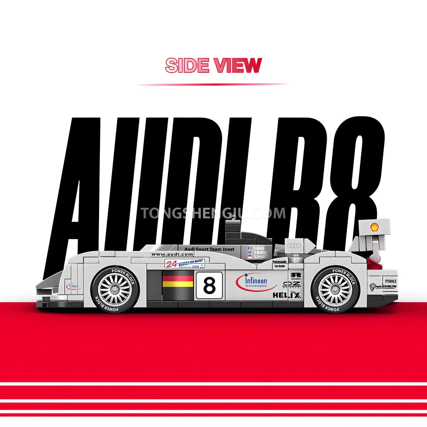 side view of happy build power block pb8813 audi r8 sports car building blocks set model car