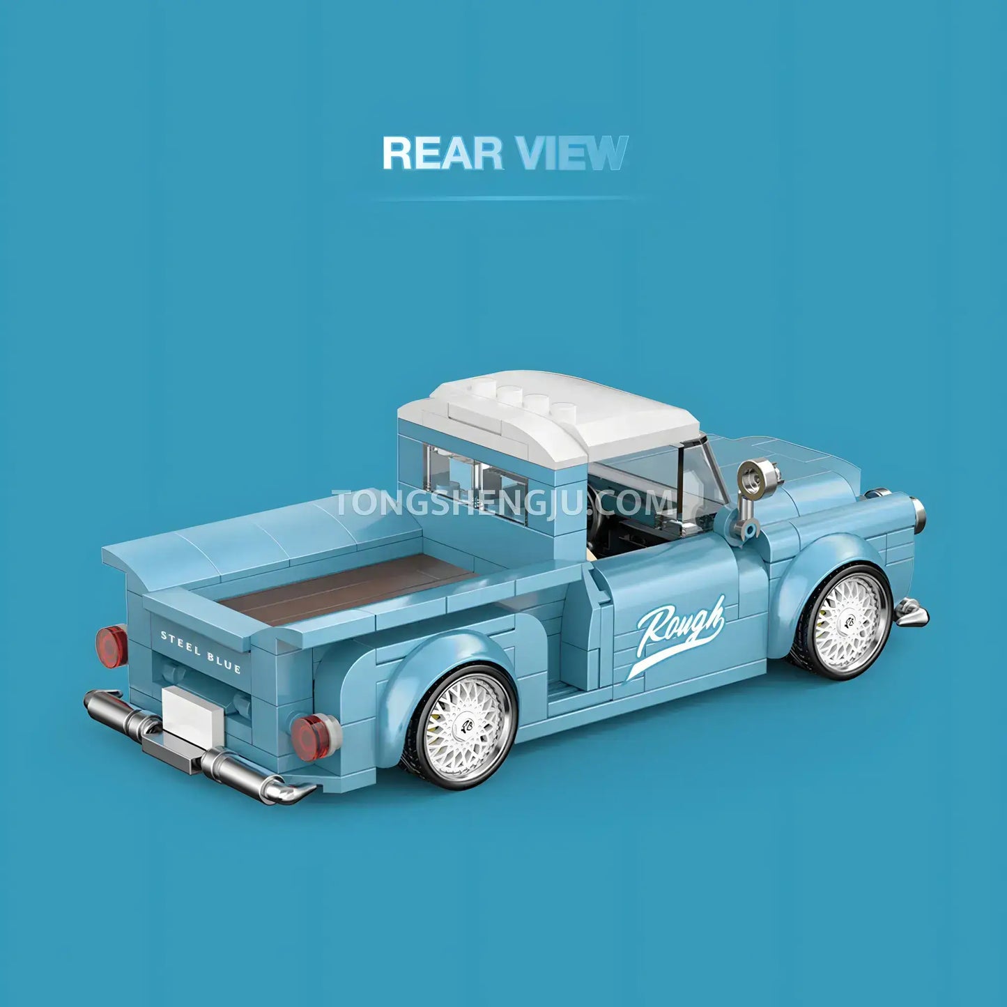 rear view of happy build power block pb8840 steel blue vintage pickup trucks building blocks set model car