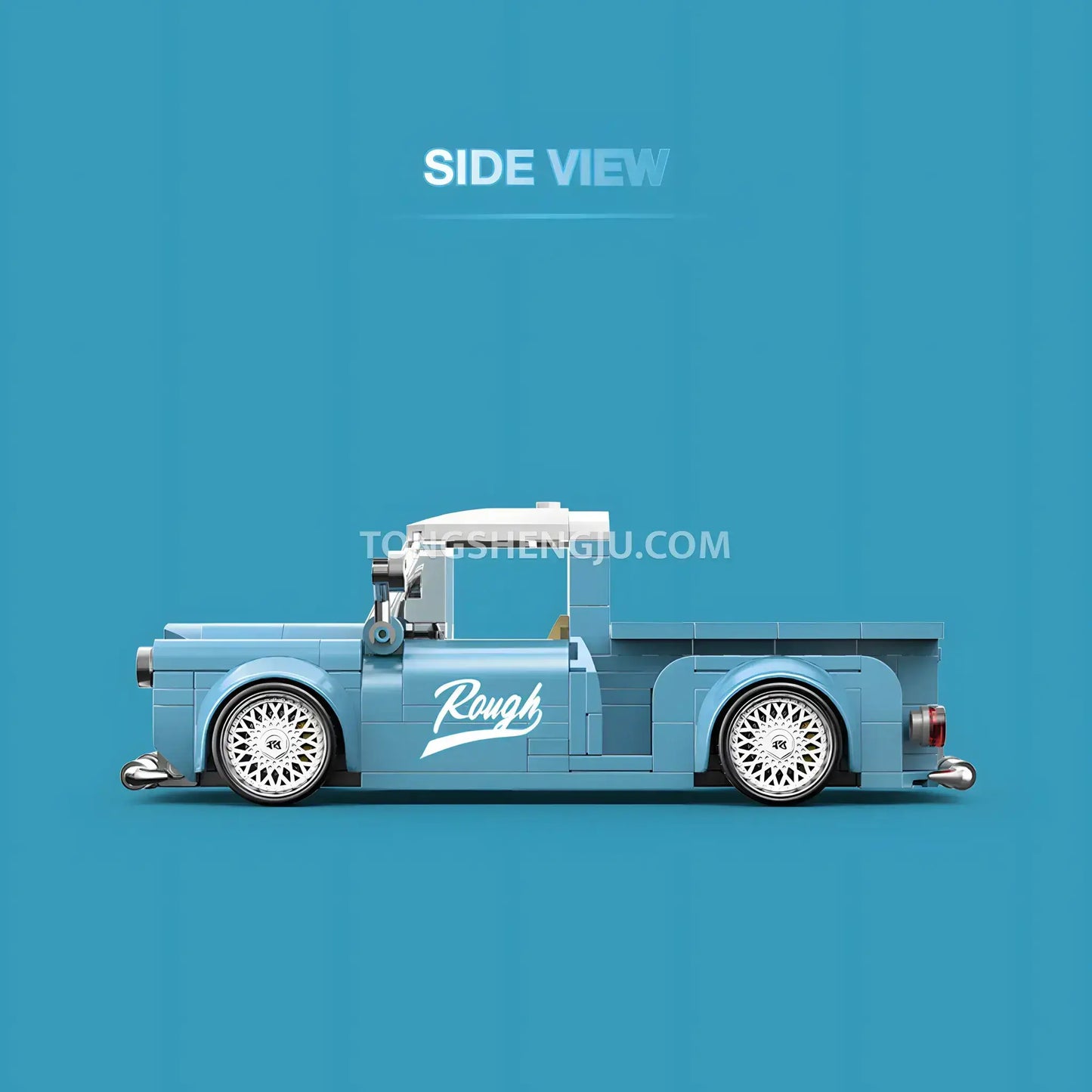 side view of happy build power block pb8840 steel blue vintage car building blocks set model car