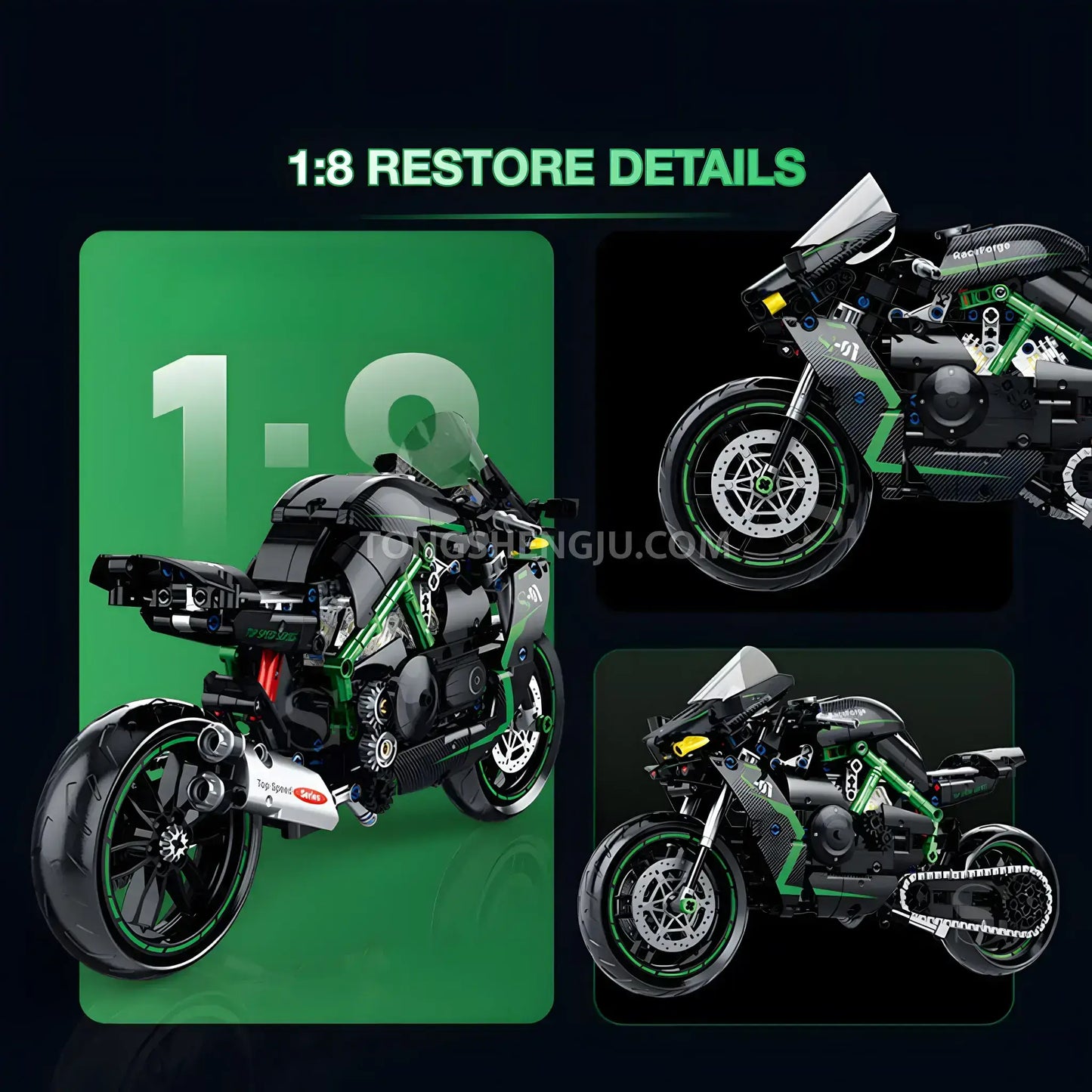 shuanggao 60532 kawasaki ninja h2r model motorcycle building blocks toy 1/8 restore details