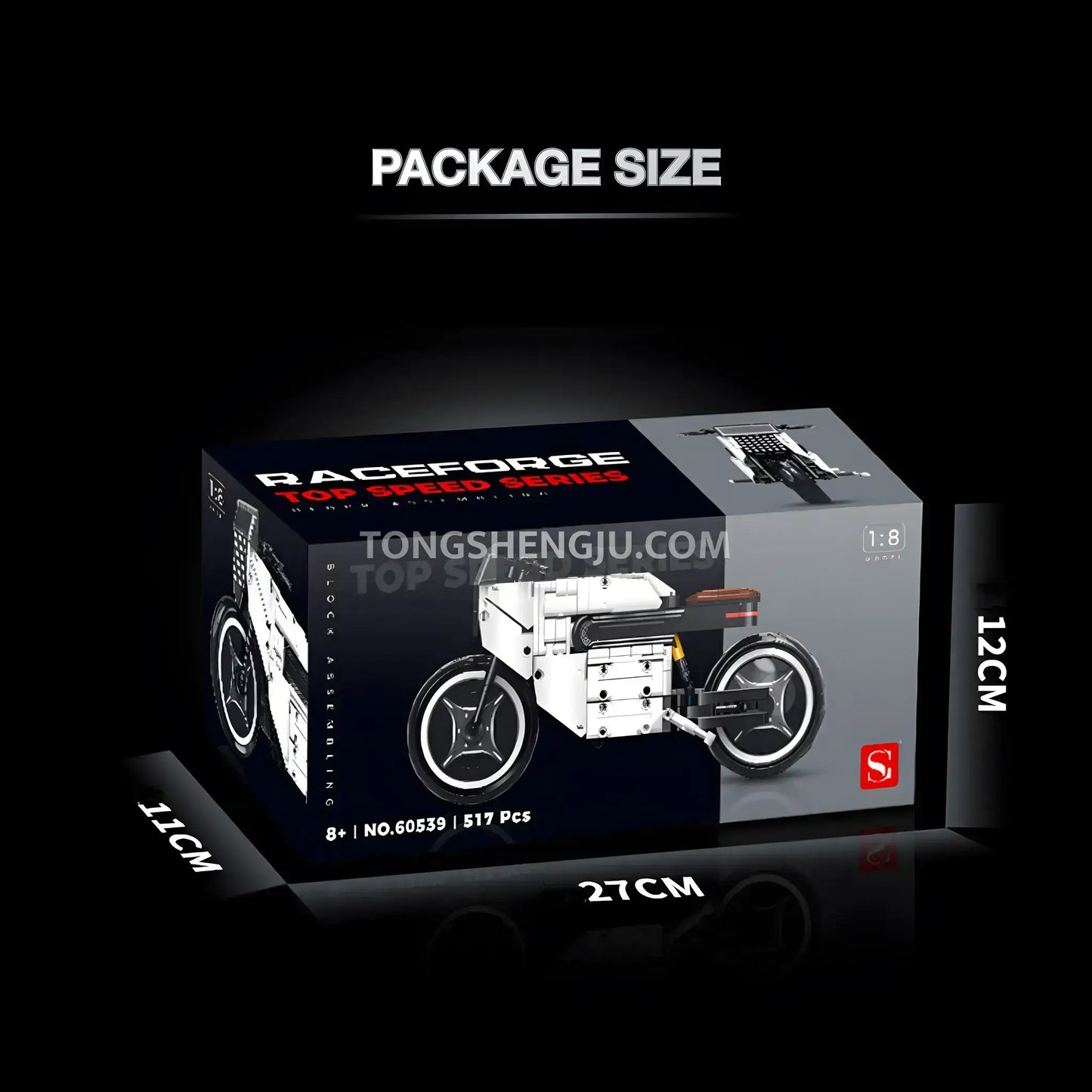 packge size of shuanggao 60539 porsche 619 technic motorcycle building blocks set model motorcycle