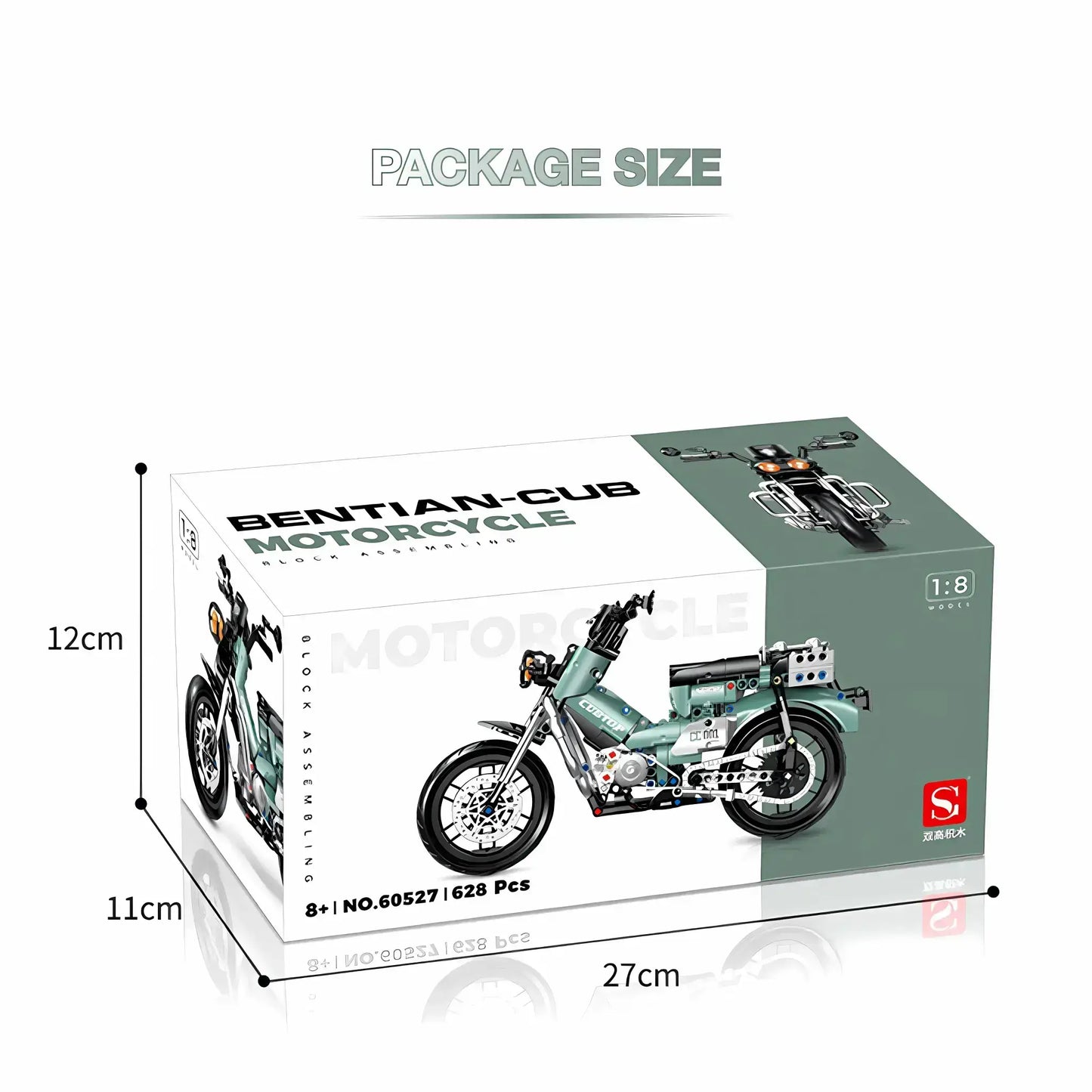 package size of shuanggao 60527 bentian cub building blocks model toy motorcycle