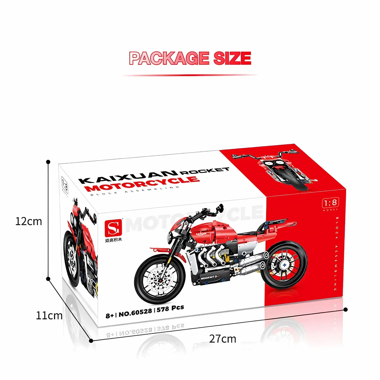 package size of shuanggao 60528 kaixuan rocket building blocks model toy motorcycle