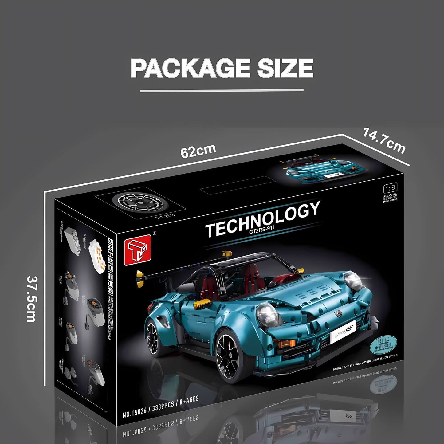 package size of taigaole blue 911 gt2rs building blocks model toy car