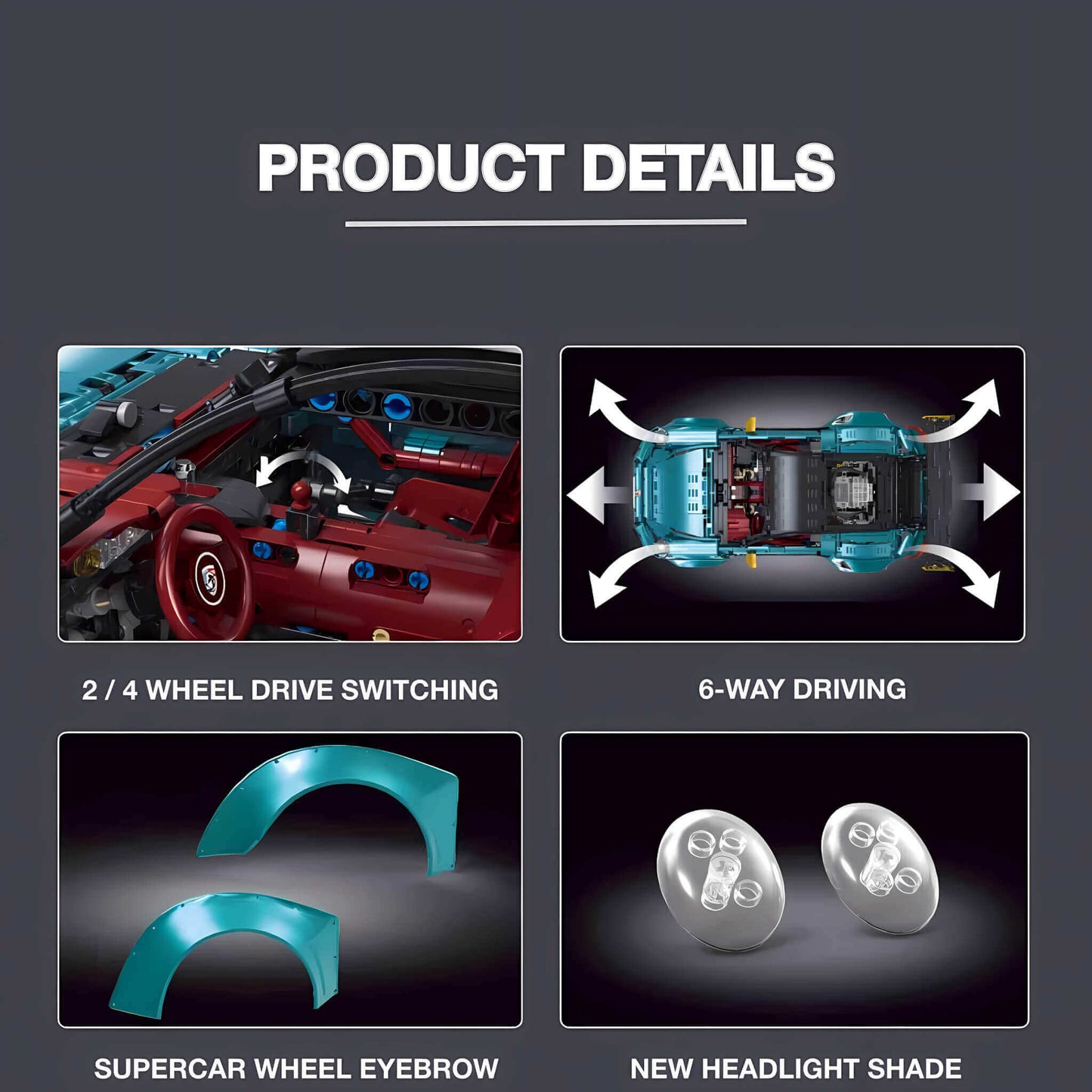 product details of taigaole blue 911 gt2rs building blocks model toy car 2/4 wheel drive switching and 6 way driving and supercar wheel eyebrow and new headlight shade