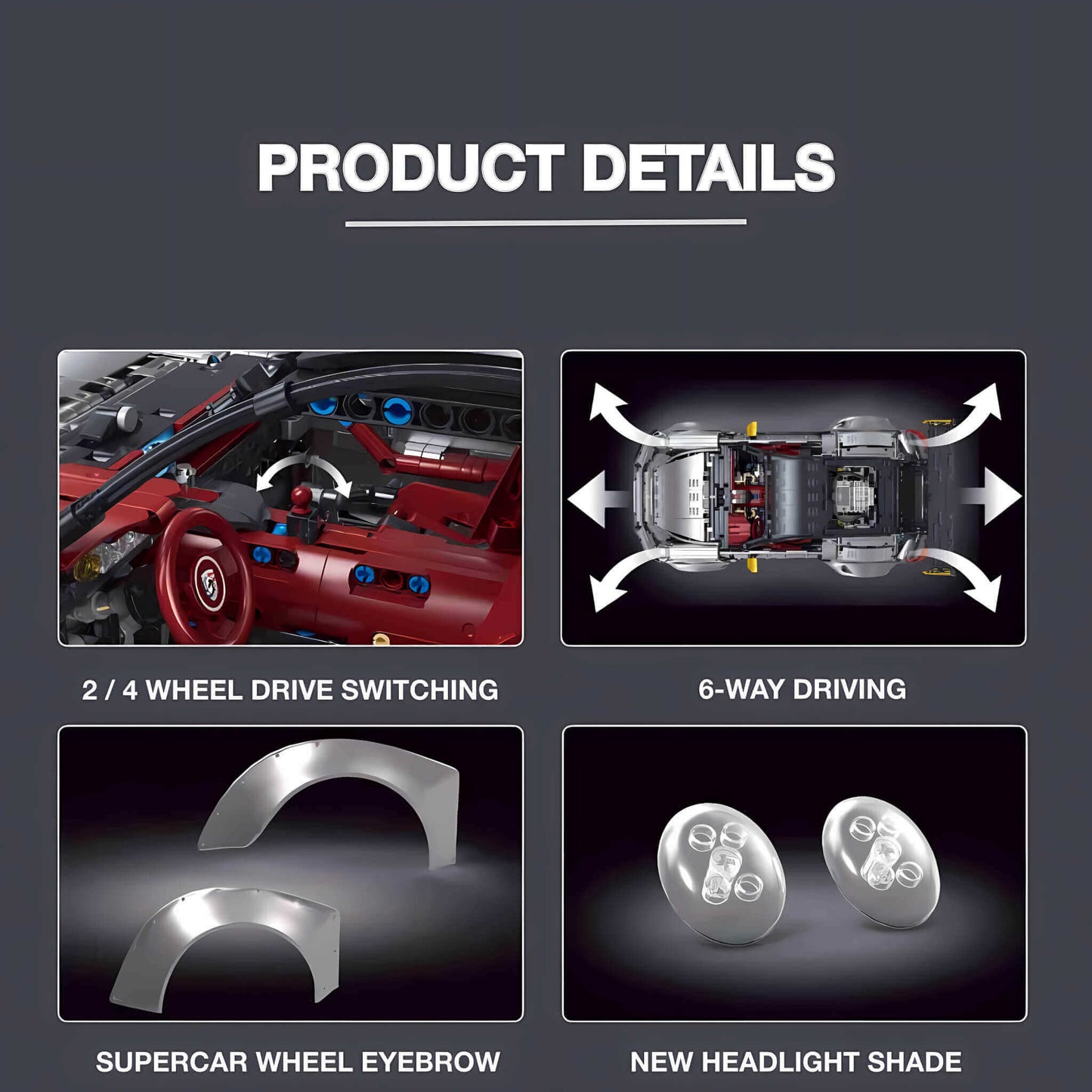product details of taigaole sliver 911 gt2rs building blocks model toy car 2/4 wheel drive switching and 6 way driving and supercar wheel eyebrow and new headlight shade