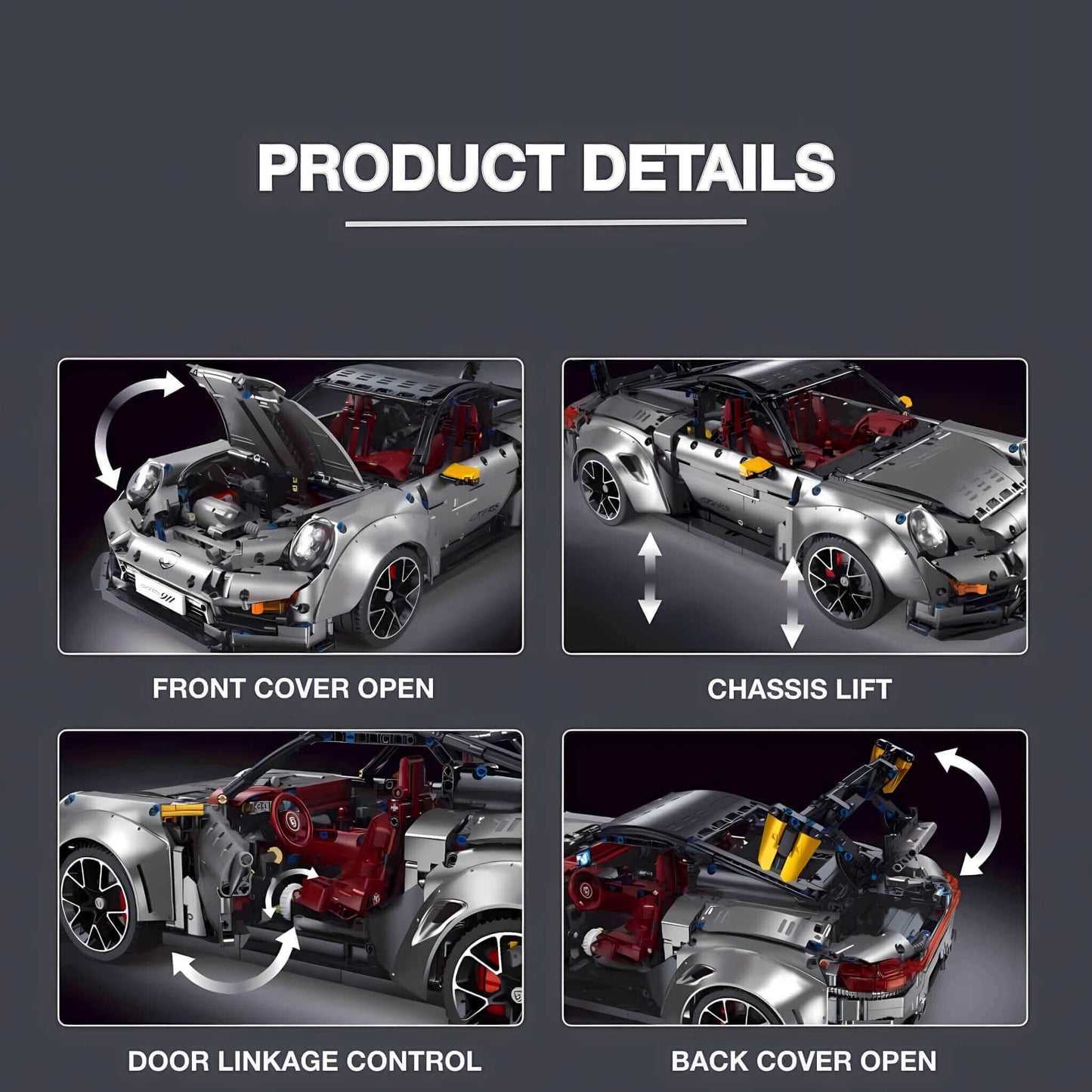 product details of taigaole sliver 911 gt2rs building blocks model toy car front cover open and chassis lift and door linkage control and back cover open