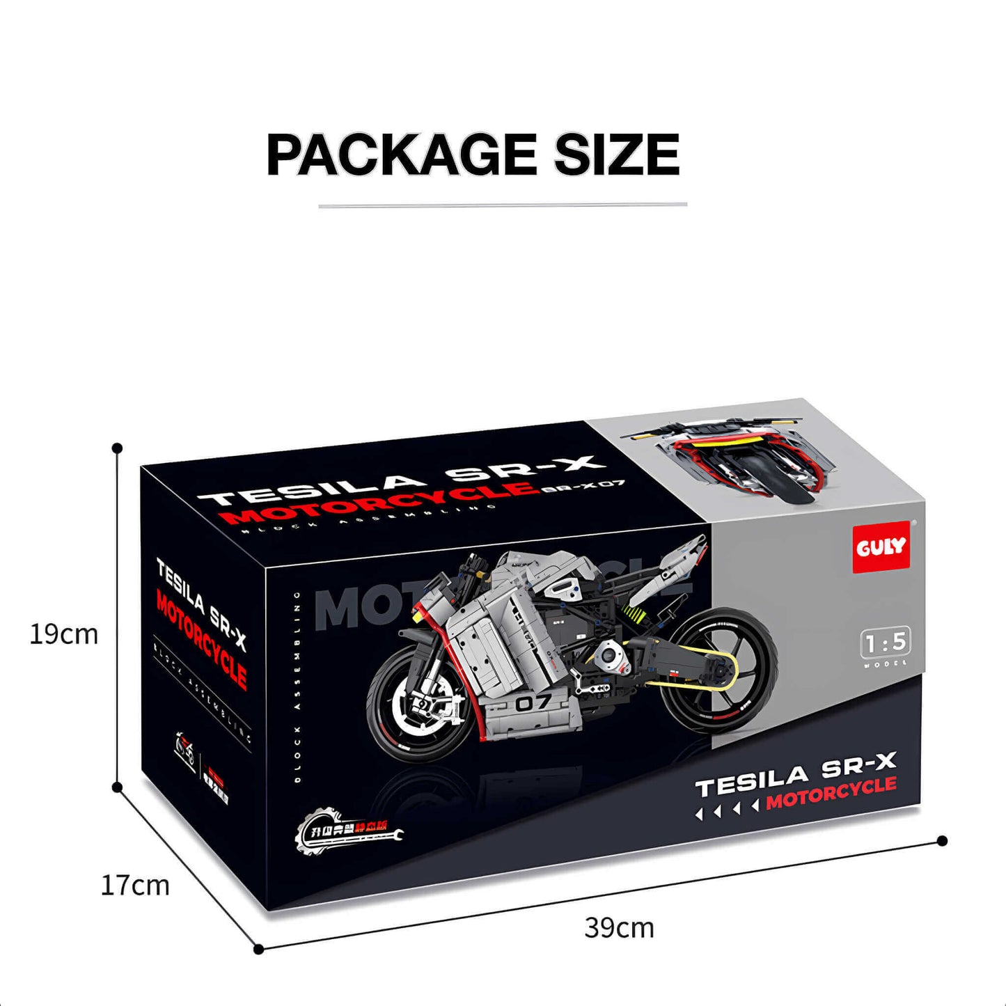 package size of guly zero tesila sr-x building blocks model toy motorcycle