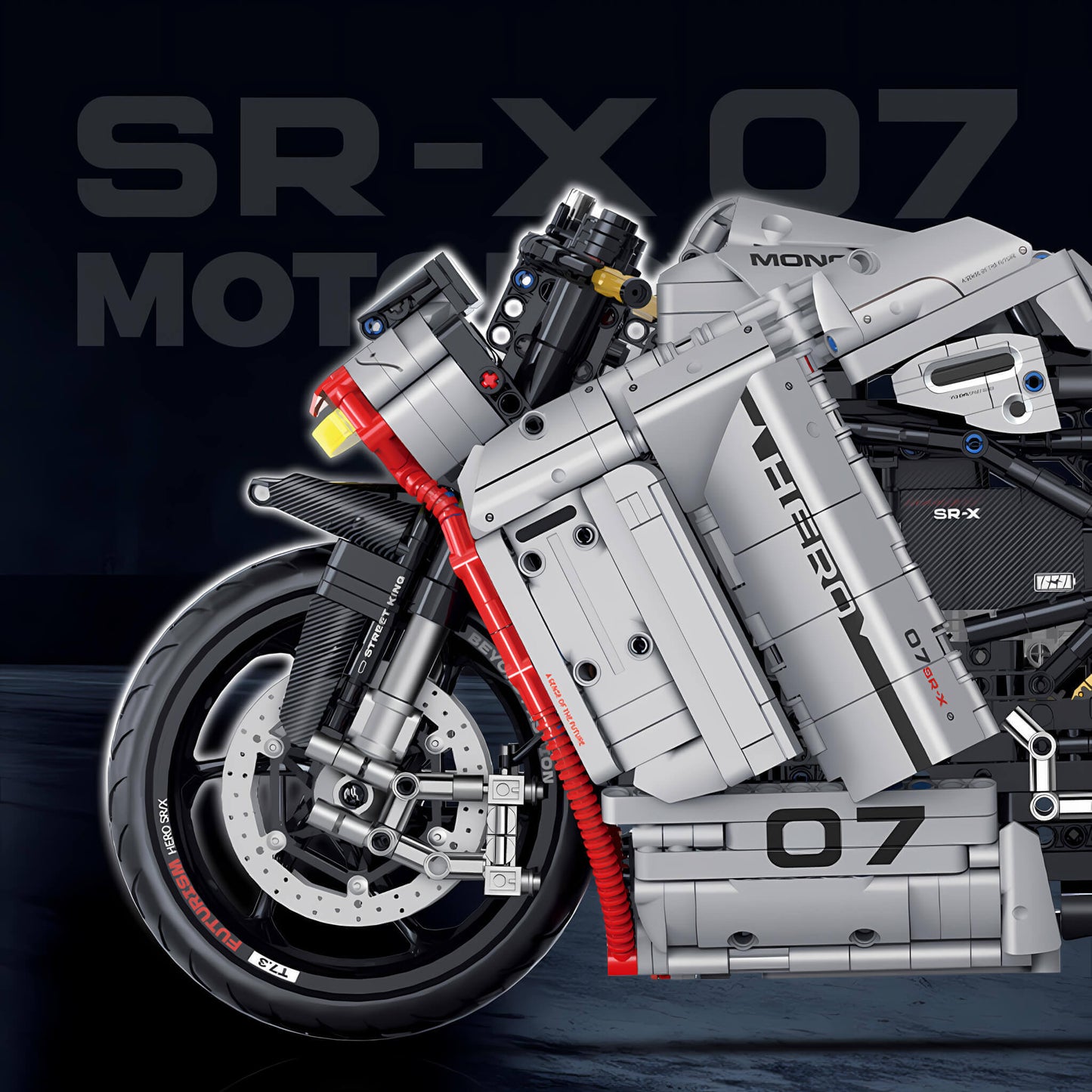 side view of guly zero tesila sr-x building blocks model toy motorcycle