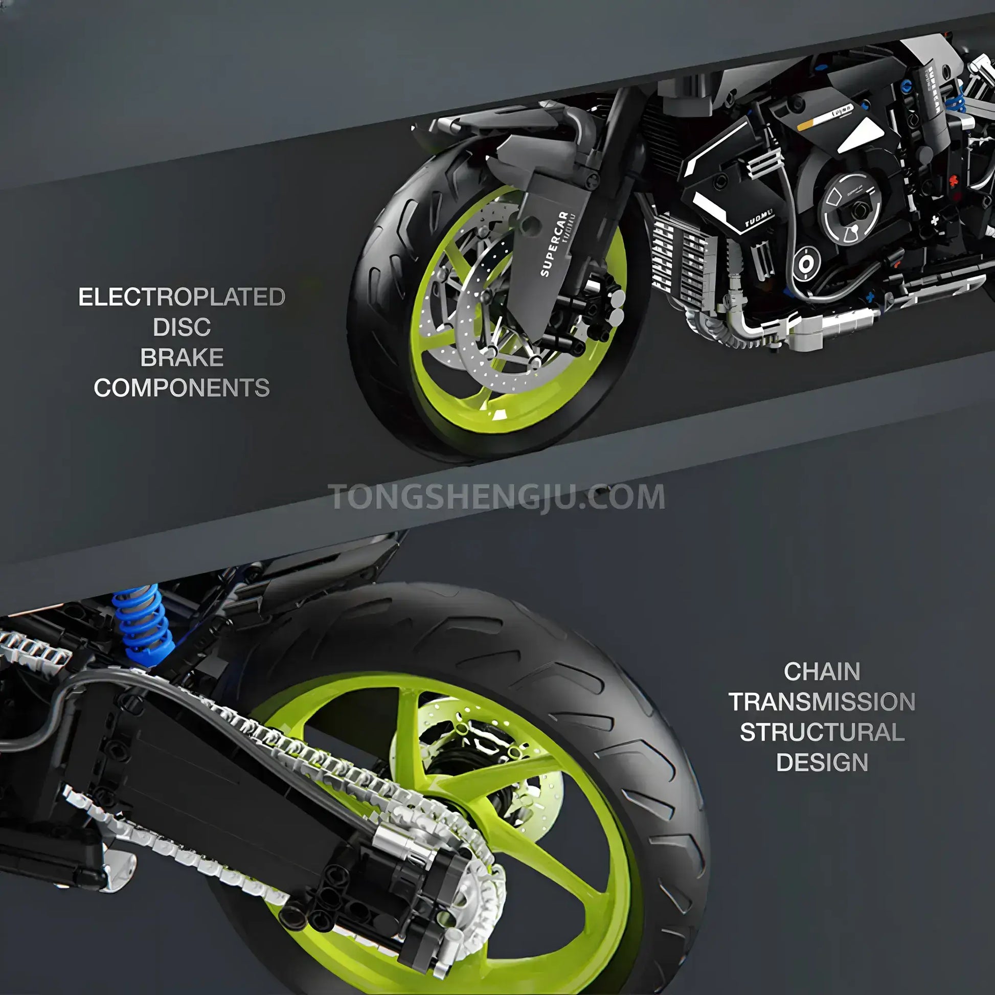 tuomu t5004 yamaha mt10 model motorcycle building blocks toy electroplated disc brake components and chain transmission structural design
