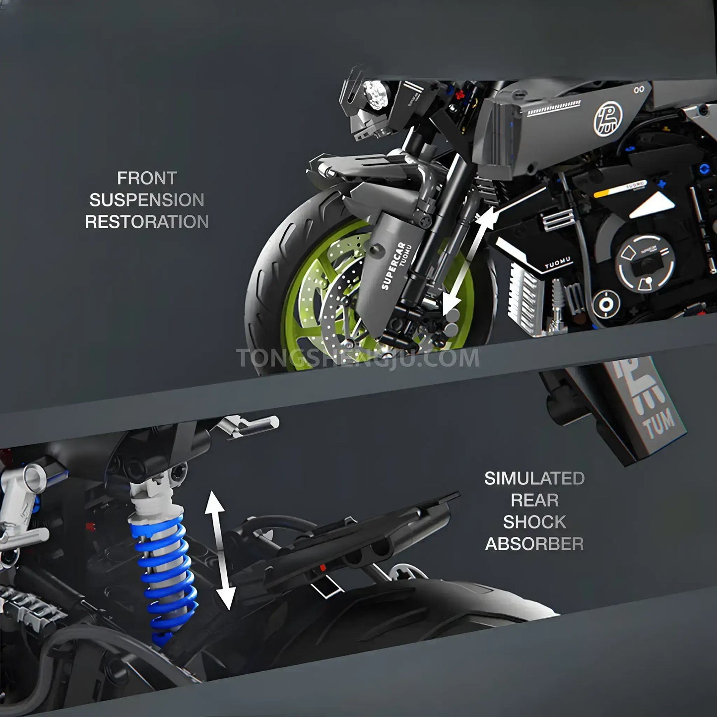 tuomu t5004 yamaha mt10 model motorcycle building blocks toy front suspension restoration and simulated rear shock absorber
