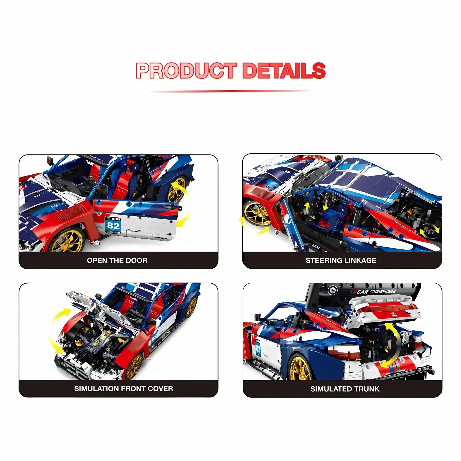 product details of jiestar xiaojiaodu bmw M4 building blocks model toy car open the door and steering linkage and simulation front cover and simulated trunk