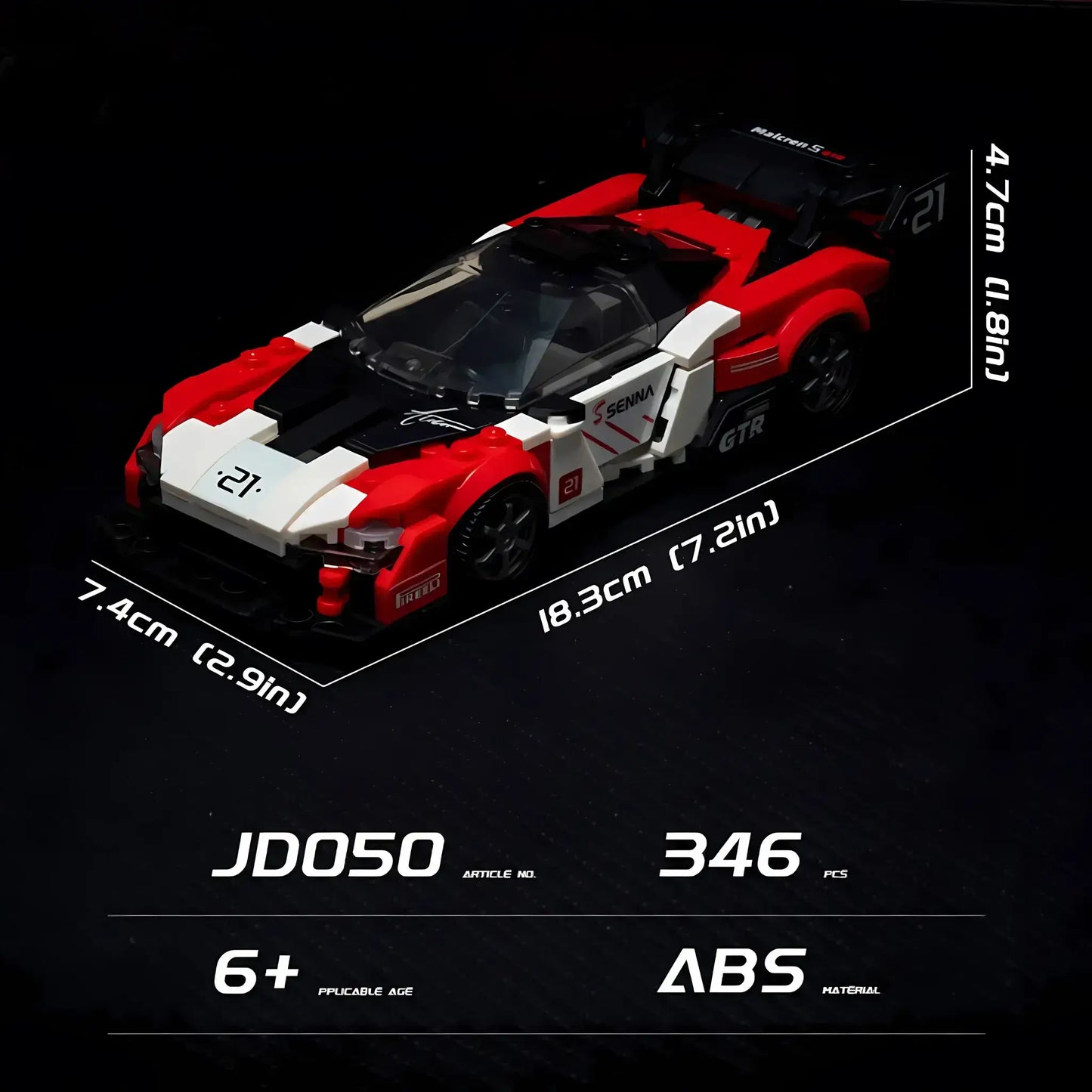 product size of xiaojiaodu jd050 mclaren senna gtr model car building blocks toy
