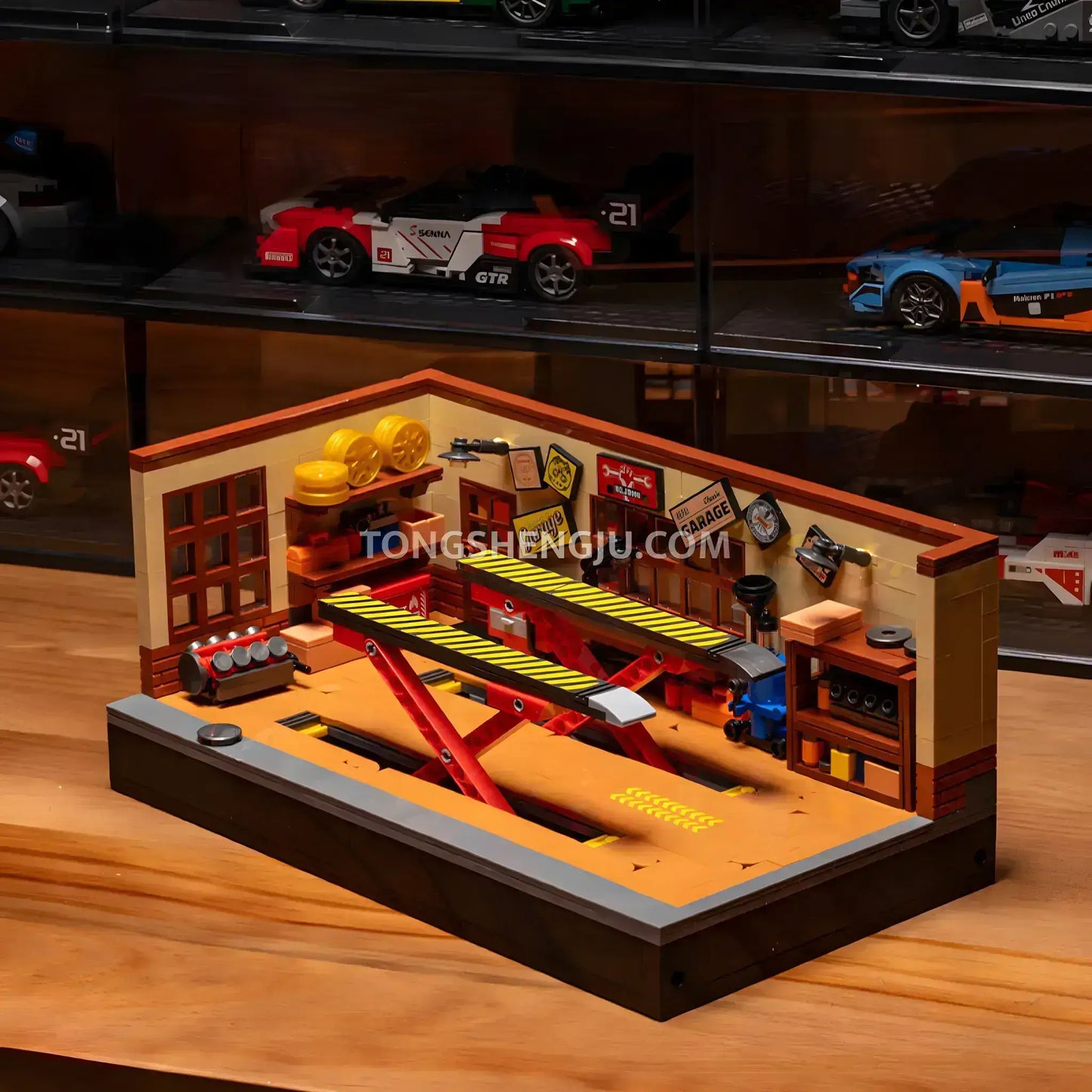 top view of xiaojiaodu jd098 8-stud wide car vintage garage building blocks set model car