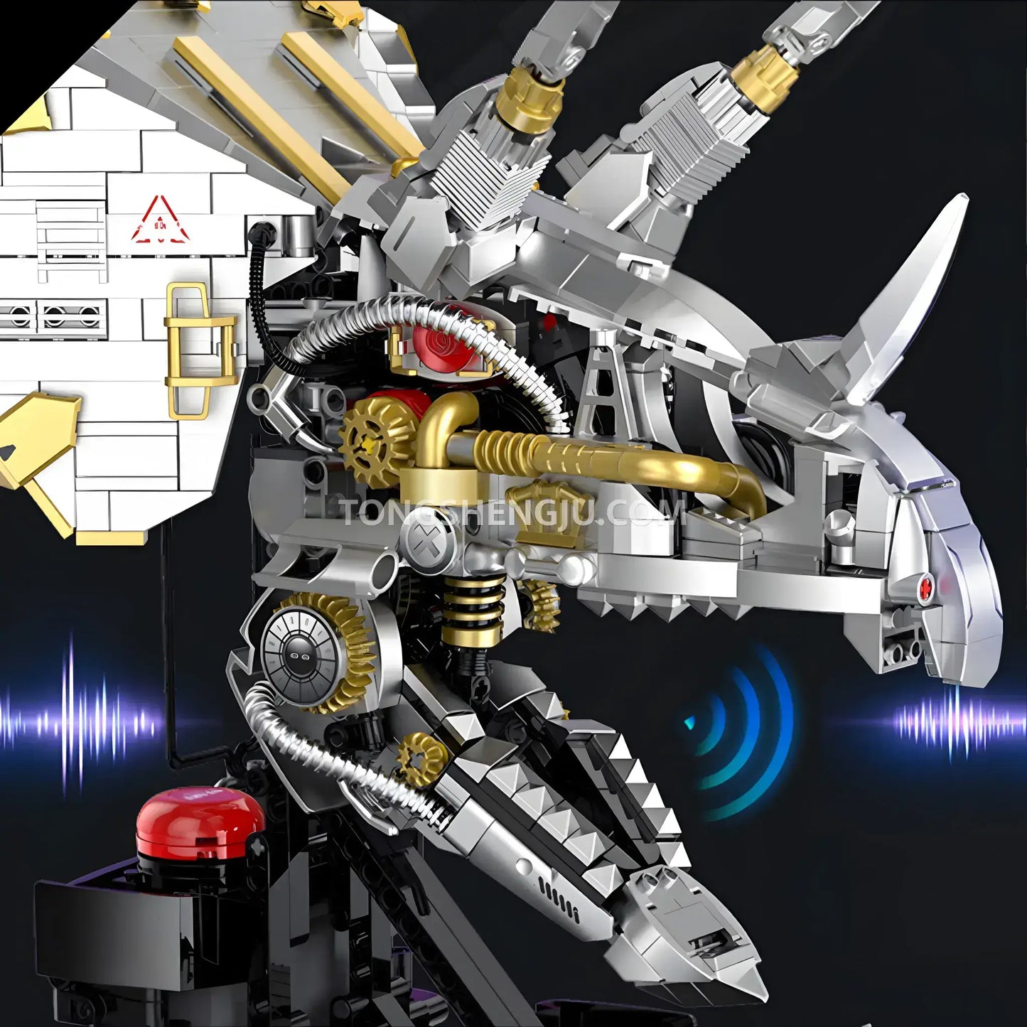 xinzhuan xz0006 dinomech mechanical triceratops skull model mecha building set simulated dinosaur roar sound effect