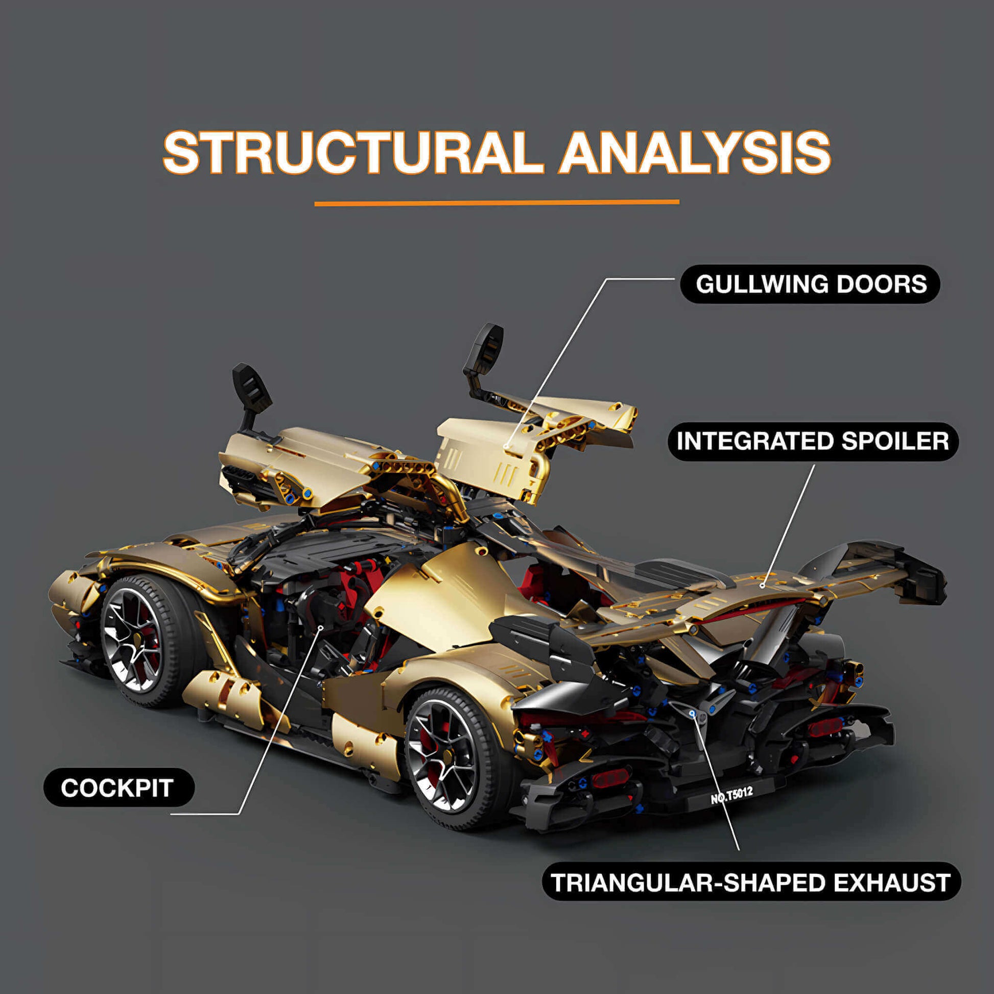 structural analysis diagram of the integrated spoiler, gullwing doors, and triangular shaped exhaust of the apollo building block model toy car.