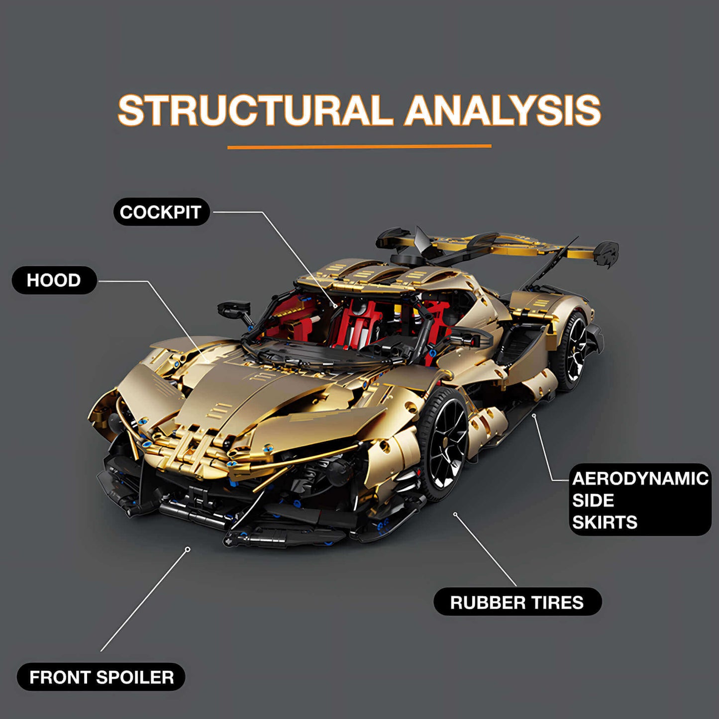 structural analysis diagram of the cockpit, hood front spoiler, and rubber tires of the apollo building block model toy car