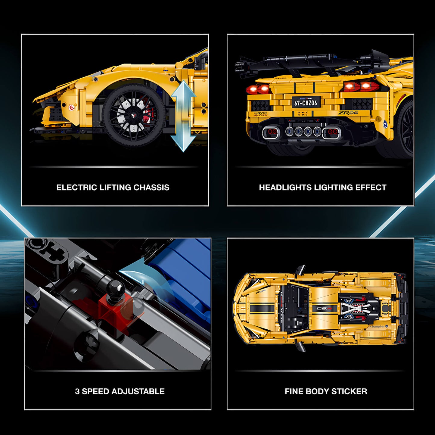 product details of guly corvette c8 building blocks model toy car electric lifting chassis and headlights lighting effect and 3 speed adjustable and fine body sticker