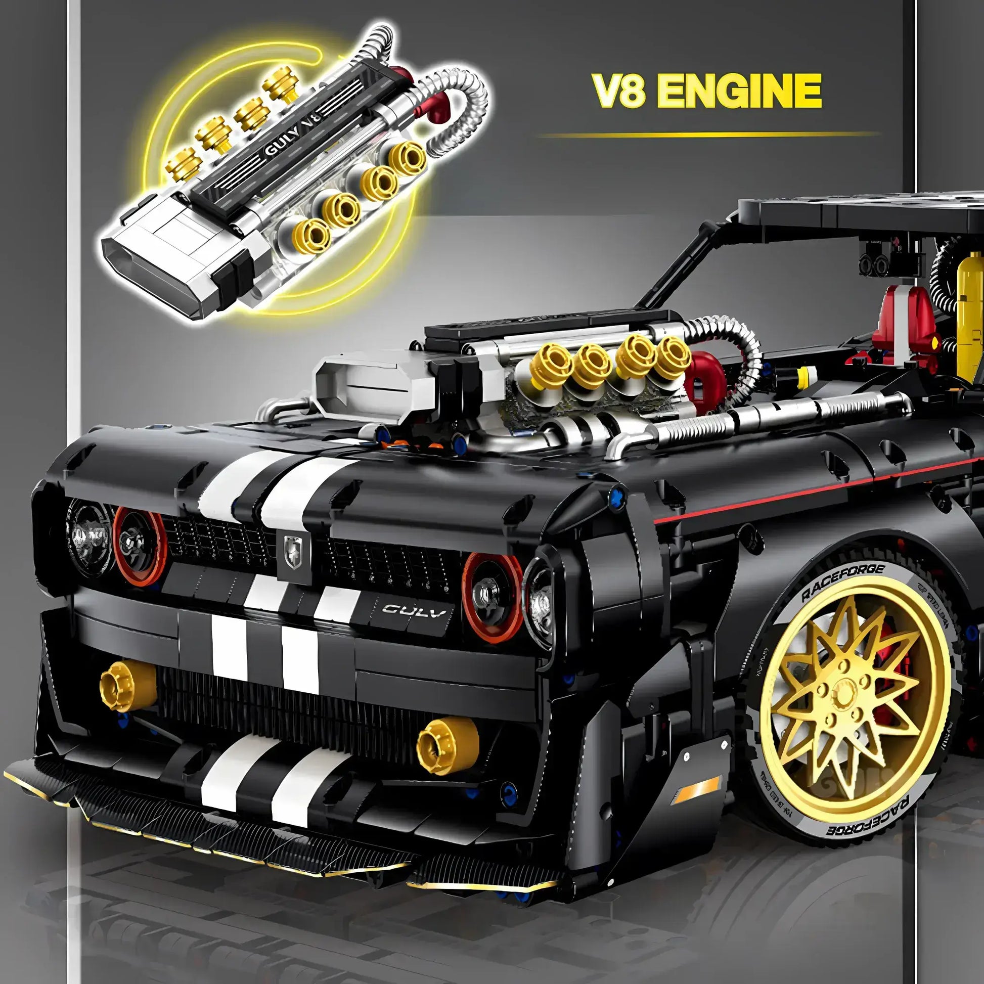 guly 10637 dodge challenger model car building blocks toy v8 engine