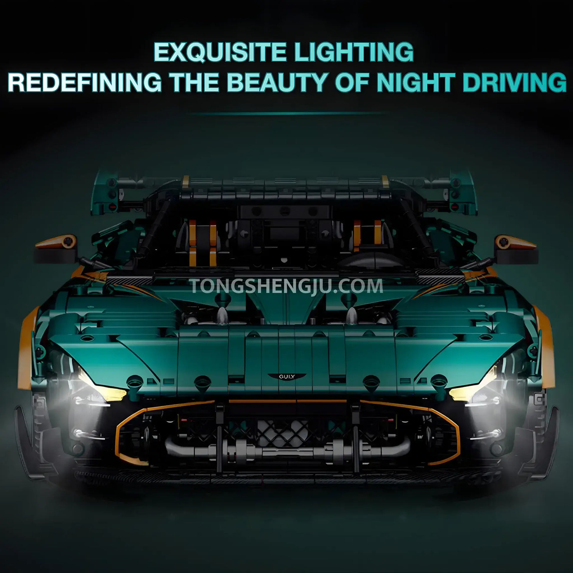 front view of guly 10647 technic aston martin vulcan sports car building blocks set model car