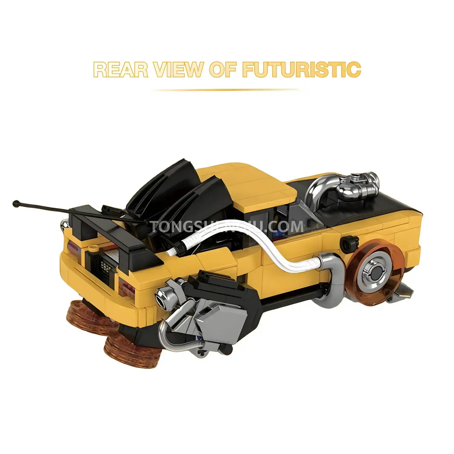 futuristic rear view of happybuild powerbuild pb8826 2in1 yellow wasp pioneer car building set model car 