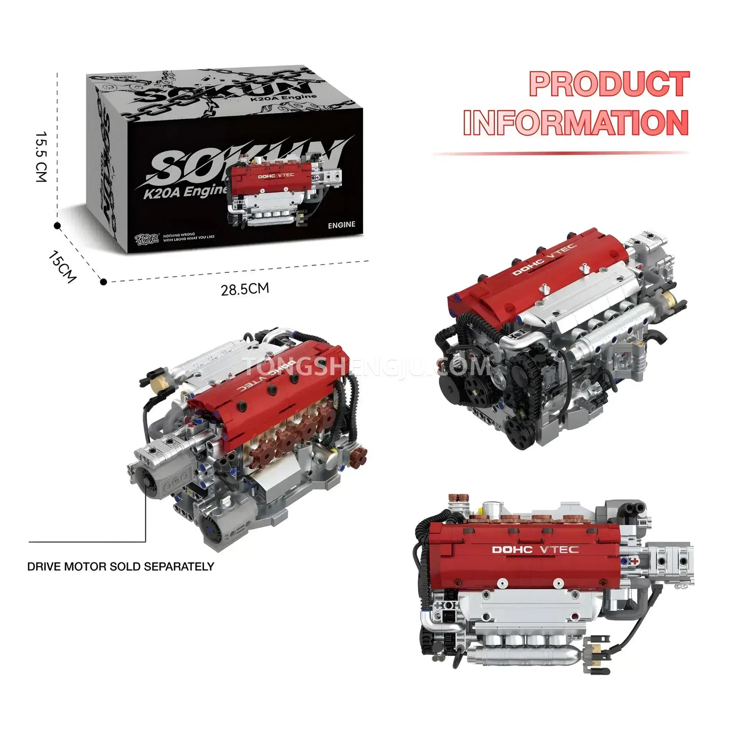 Tongshengju K20A Engine Model Car Building Blocks Set For Adults & Kids Collectible (907PCS)