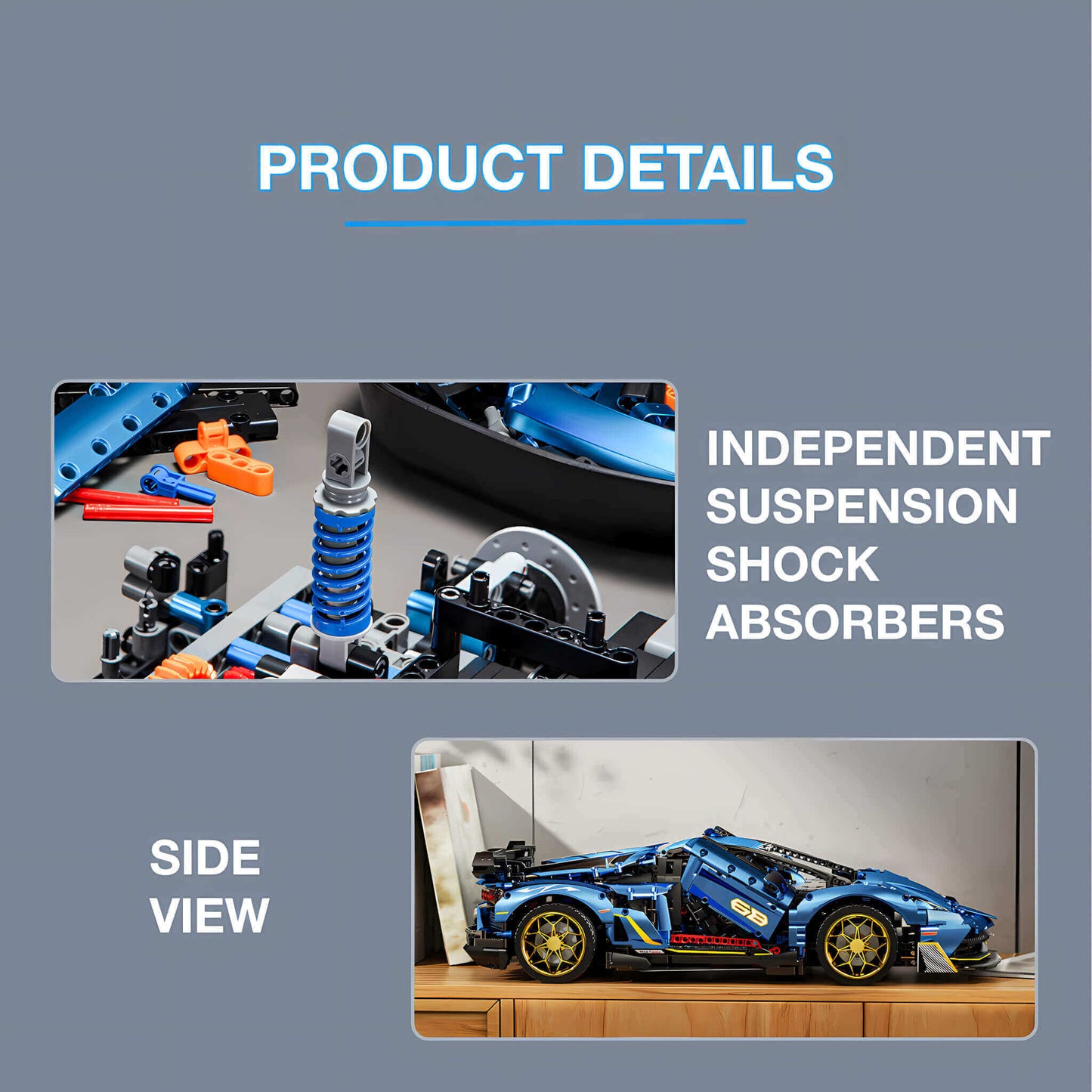 product details of kbox lamborghini svj building blocks model toy car independent suspension shock absorbers and side view