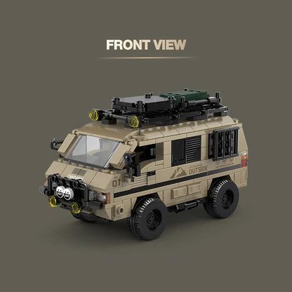 front view of happy build powerblock pb8823 delica camper model car building blocks set 