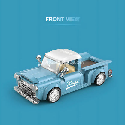 front view of happy build power block pb8840 steel blue vintage pickup trucks building blocks set model car 