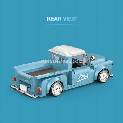 rear view of happy build power block pb8840 steel blue vintage pickup trucks building blocks set model car 