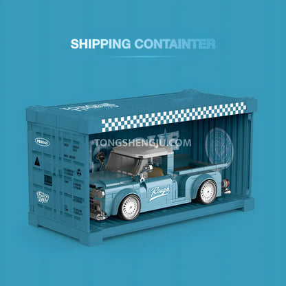 shipping container of happy build power block pb8840 steel blue vintage pickup trucks building blocks set model car 