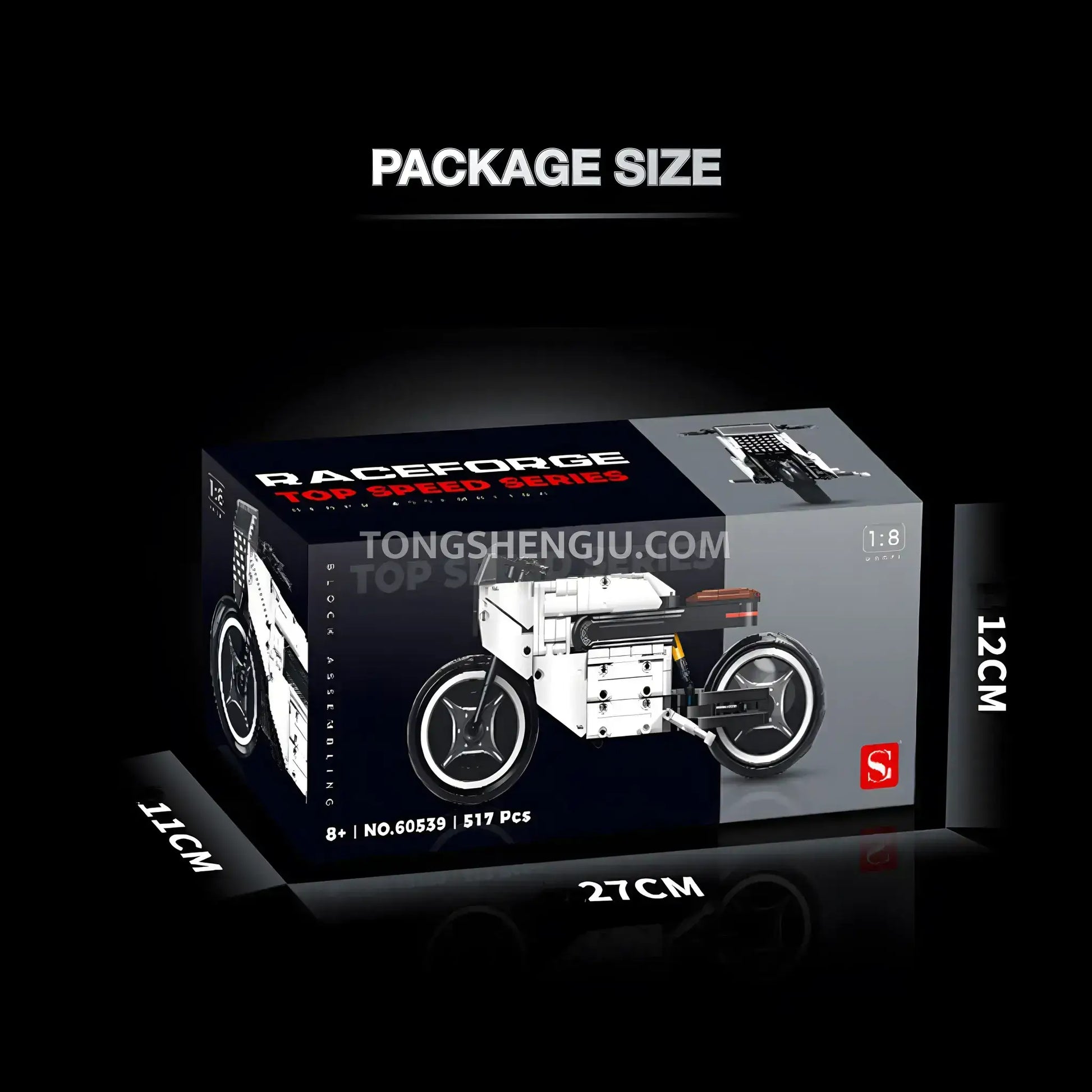 packge size of shuanggao 60539 porsche 619 technic motorcycle building blocks set model motorcycle