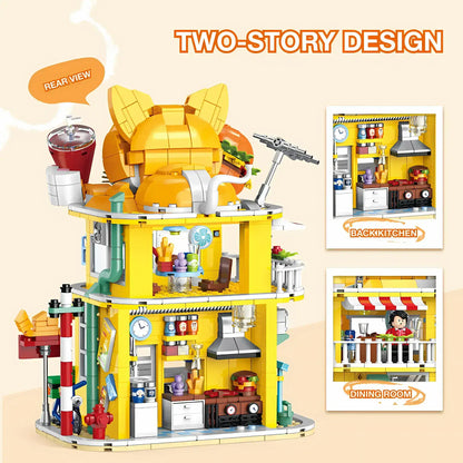 shuanggao 60523 cat pet store building blocks model toy two story design