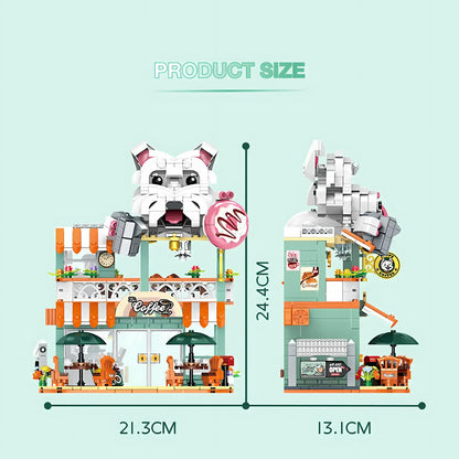 product size of shuanggao 60524 dog coffee shop building blocks model toy street view
