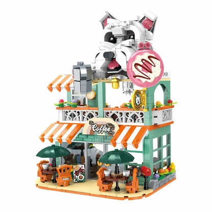static version of shuanggao 60524 dog coffee shop building blocks model toy street view