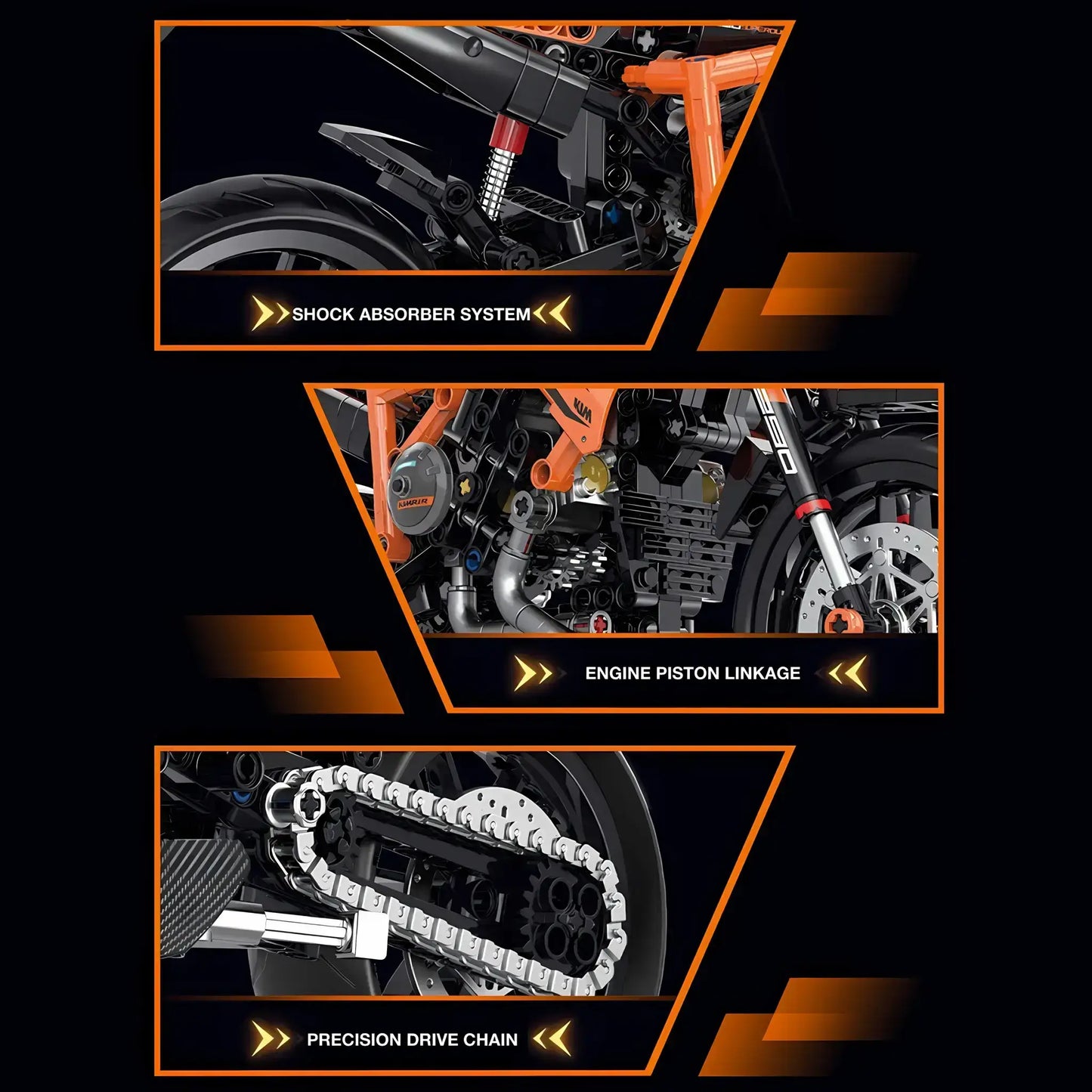 product details of shuanggao 60501 super duke 1290 model motorcycle building blocks toy shock absorber system and engine piston linkage and precision drive chain