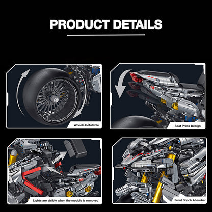 product details of suzuki b king building block model toy car wheels rotatable and seat press desgin and lights are visible when the module is rmoved and  front shock absorber