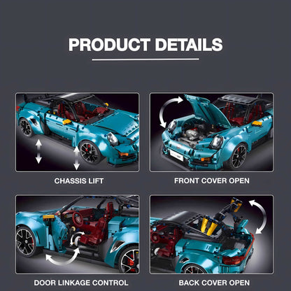 product details of taigaole blue 911 gt2rs building blocks model toy car front cover open and chassis lift and door linkage control and back cover open