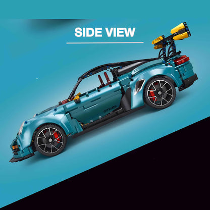 side view of taigaole blue 911 gt2rs building blocks model toy car