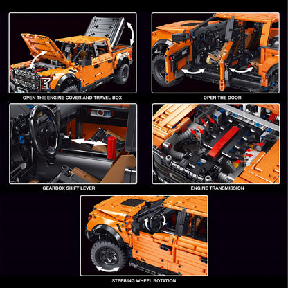 product details of taigaole orange raptor f150 building blocks model toy car open the engine cover and travel box and open the door and gearbox shift lever and engine transmission and steering wheel rotation