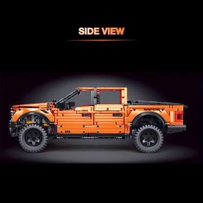 side view of taigaole orange raptor f150 building blocks model toy car