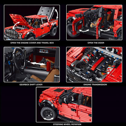 product details of taigaole red raptor f150 building blocks model toy car open the engine cover and travel box and open the door and gearbox shift lever and engine transmission and steering wheel rotation